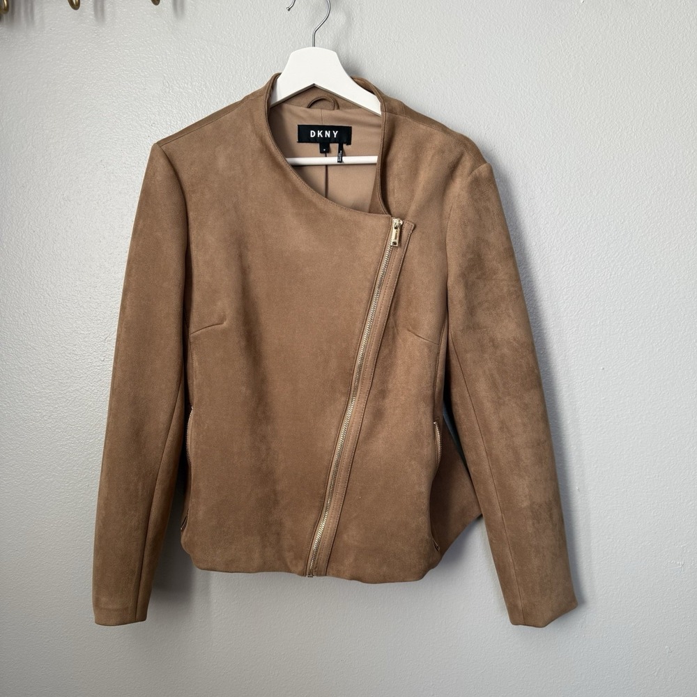 DKNY Women's Faux Suede Notch‎ Collar Jacket Medium Beige Brown Motorcycle Coat